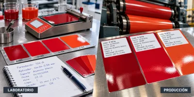 Ilustración conceptual de muestras de color de laboratorio y producción con sus registros de trazabilidad